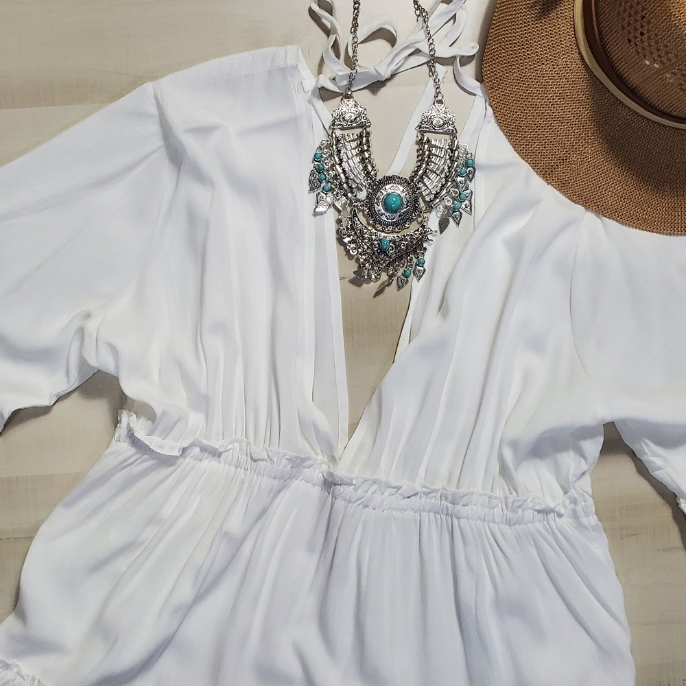 Boho Ruffle Tiered Bell Sleeve Mini Dress Plunge Cover Up Top White - Picture 8 of 11